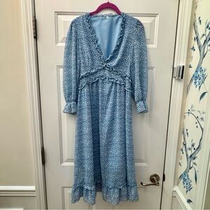 Blue Long Sleeve V-Neck Sundress with Long Sleeves
